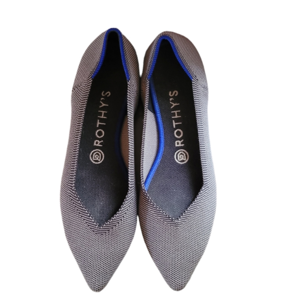 Rothy's Women's Pointed Toe Flat in Gray with Blue Trim